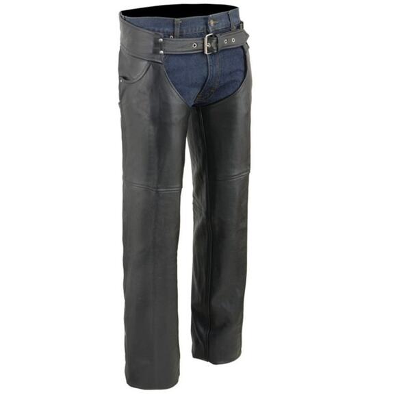 NWT Event Leather EL1101 Men's Classic Black Leather Chaps with Jean Pockets - Picture 1 of 12